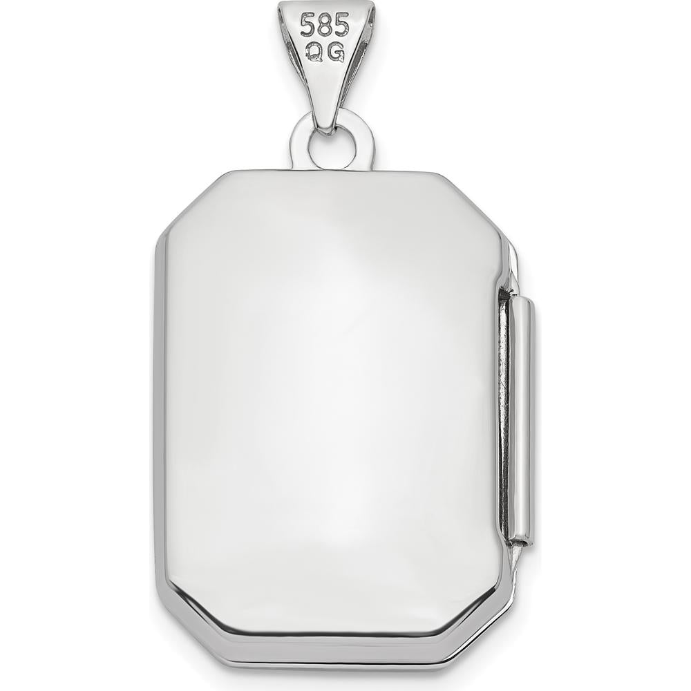 14K White Gold Diamond-Cut and Brushed Rectangular Locket Pendant with Engravable Photo Space by Monteluci Fine Jewelry