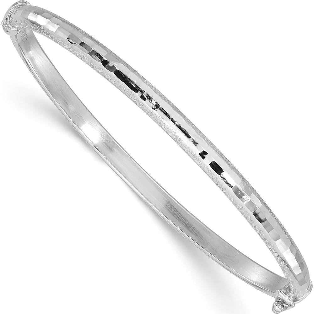 14K White Gold Diamond-Cut and Laser-Cut Hinged Oval Bangle Bracelet - 4.10mm Width by Oro Pregiato