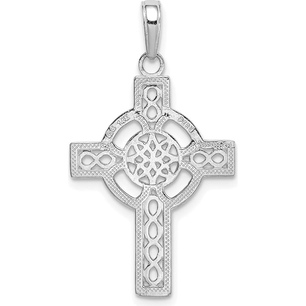 14K White Gold Diamond-Cut Celtic Cross Pendant - Rhodium Plated, 34mm Length by Oro Pregiato