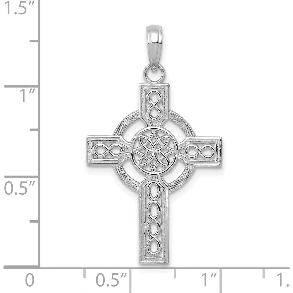 14K White Gold Diamond-Cut Celtic Cross Pendant - Rhodium Plated, 34mm Length by Oro Pregiato