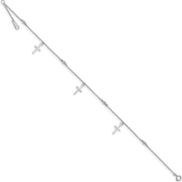 14K White Gold Diamond-Cut Cross Dangle Anklet with Adjustable 9" Length and 1" Extender