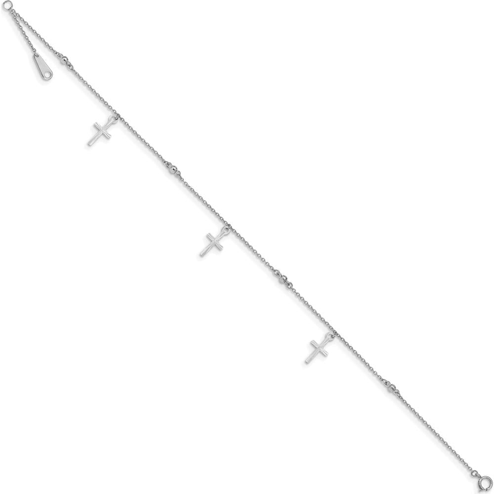 14K White Gold Diamond-Cut Cross Dangle Anklet with Adjustable 9" Length and 1" Extender