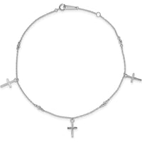 14K White Gold Diamond-Cut Cross Dangle Anklet with Adjustable 9" Length and 1" Extender