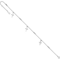 14K White Gold Diamond-Cut Cross Dangle Anklet with Adjustable 9" Length and 1" Extender