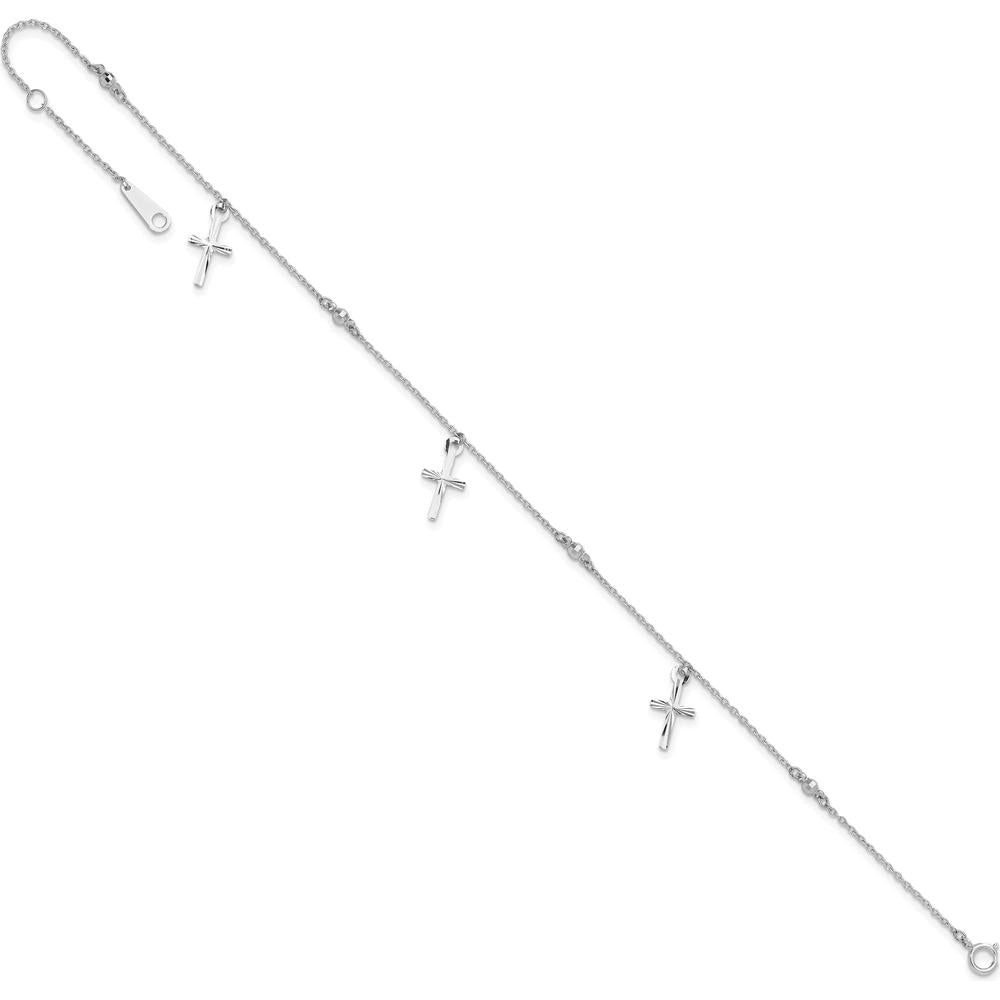 14K White Gold Diamond-Cut Cross Dangle Anklet with Adjustable 9" Length and 1" Extender