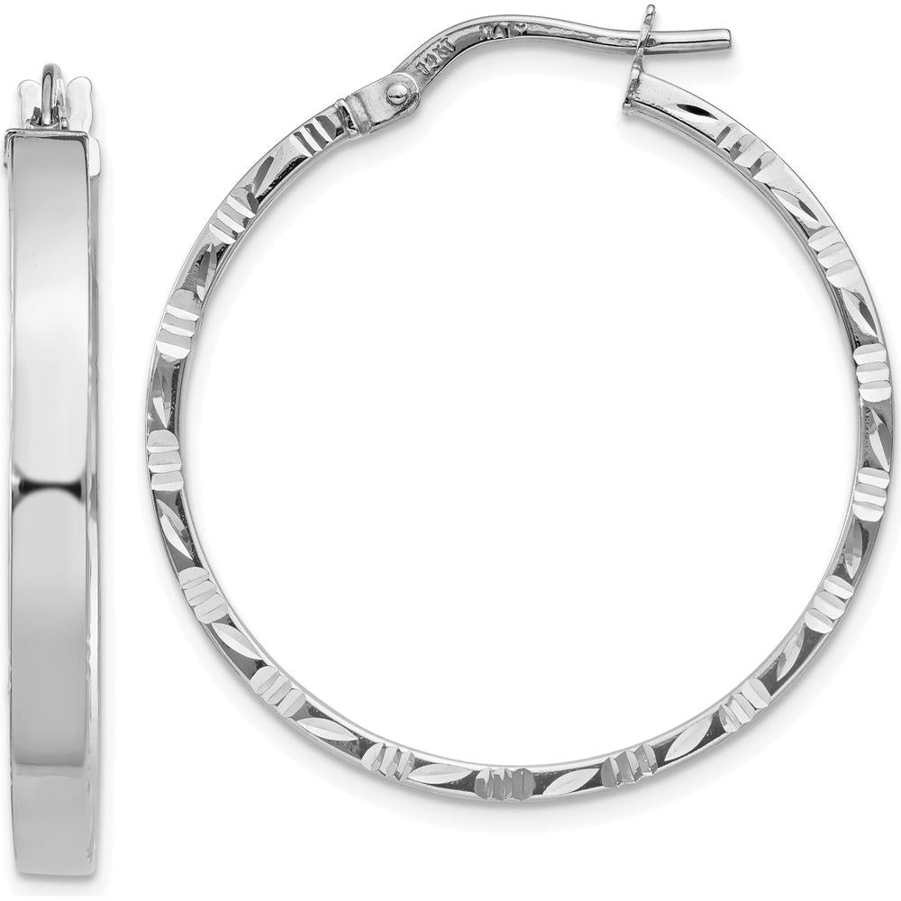 14K White Gold Diamond Cut Edge Large Hoop Earrings - 32.25mm Length by 0