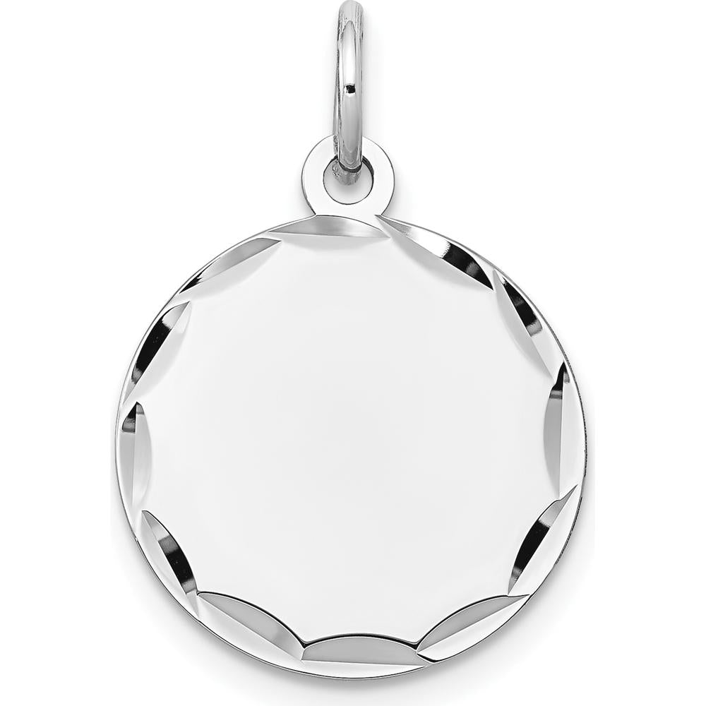 14K White Gold Diamond-Cut Engravable Round Disc Charm Pendant with Polished Finish by Oro Pregiato