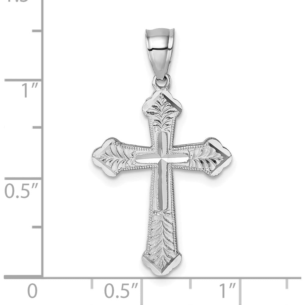 14K White Gold Diamond-Cut Fancy Budded Cross Pendant - Polished Rhodium Finish by Oro Pregiato