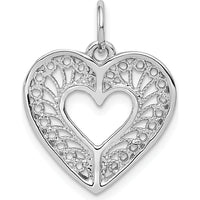 14K White Gold Diamond-Cut Filigree Heart Pendant with Rhodium Plating by Oro Pregiato