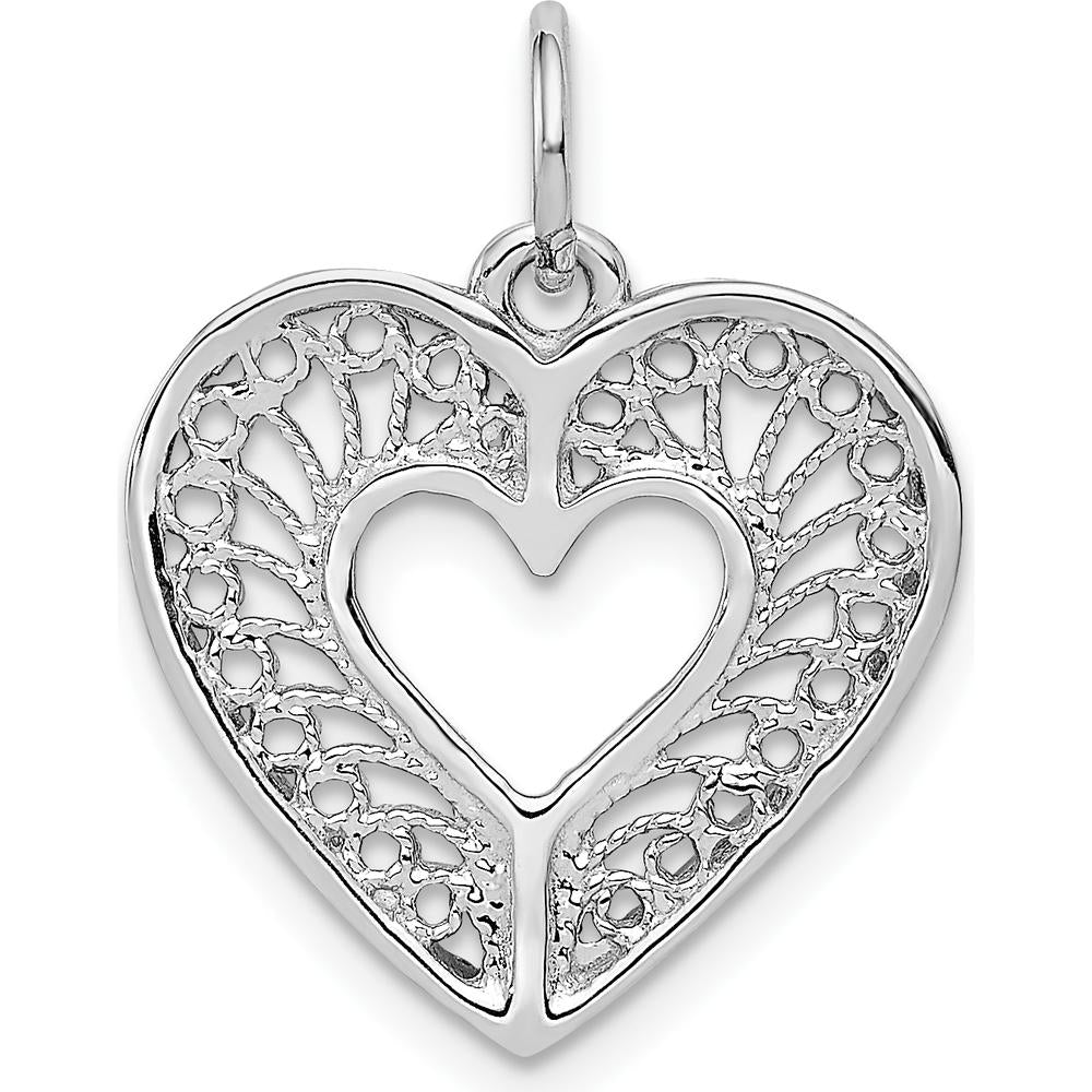 14K White Gold Diamond-Cut Filigree Heart Pendant with Rhodium Plating by Oro Pregiato