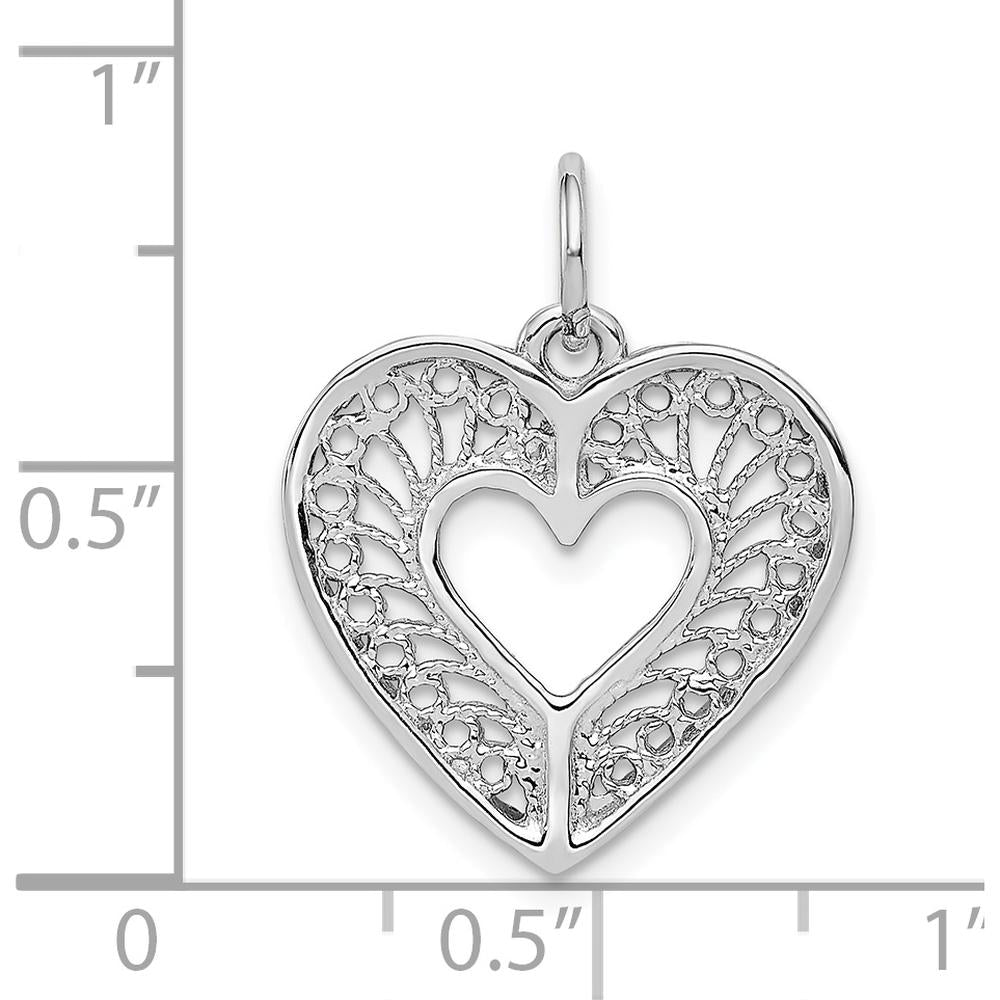 14K White Gold Diamond-Cut Filigree Heart Pendant with Rhodium Plating by Oro Pregiato