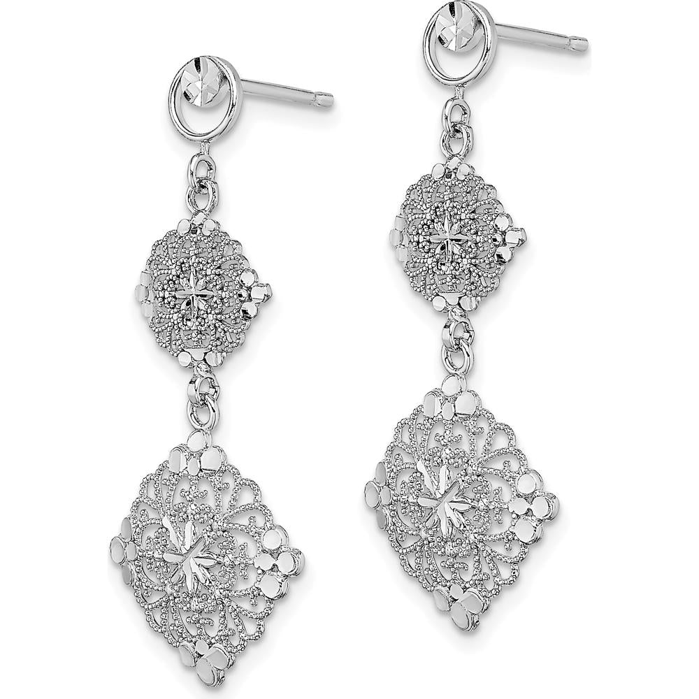 14K White Gold Diamond-Cut Filigree Medallion Drop Earrings - 38mm Length by 0