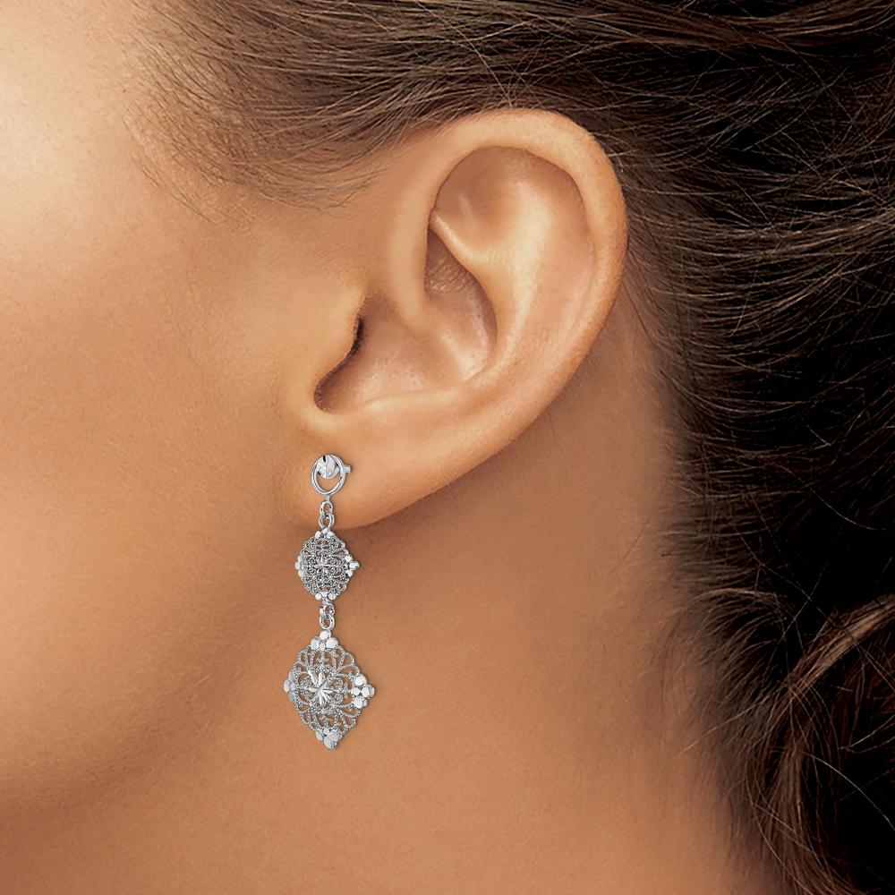 14K White Gold Diamond-Cut Filigree Medallion Drop Earrings - 38mm Length by 0