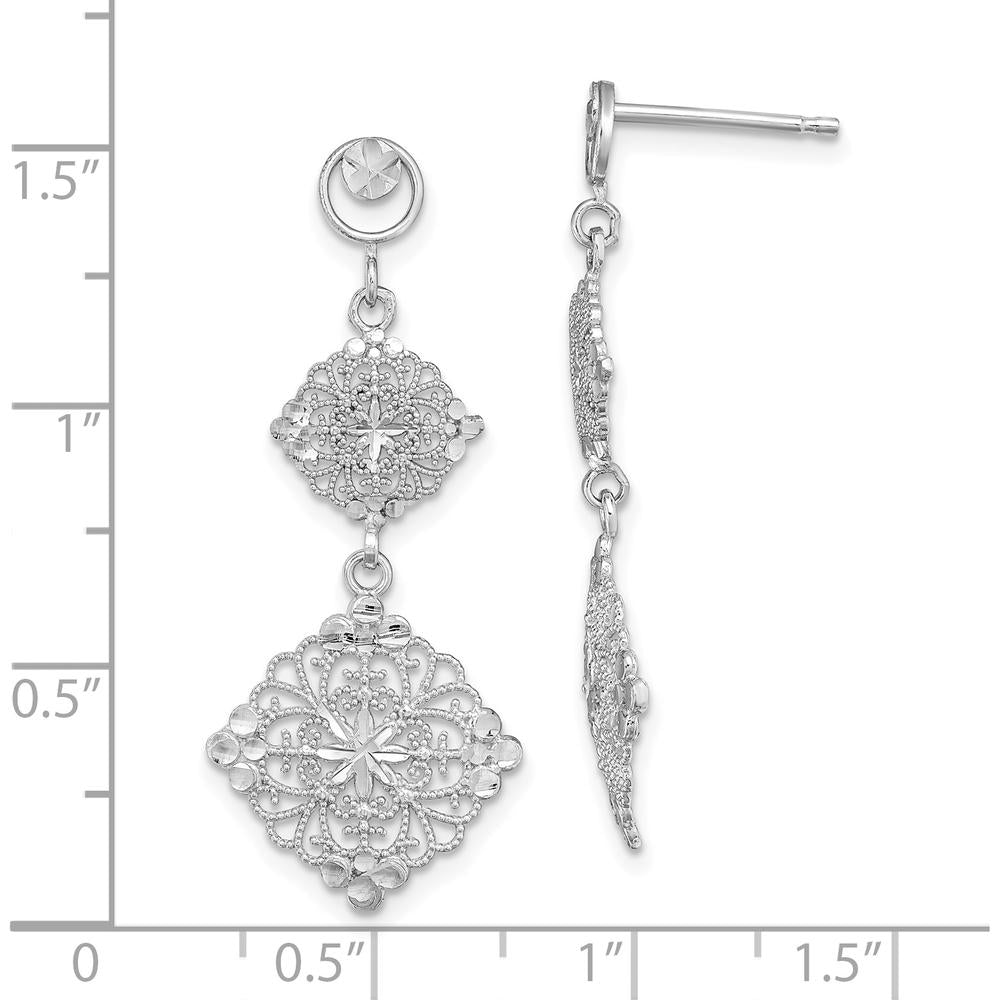 14K White Gold Diamond-Cut Filigree Medallion Drop Earrings - 38mm Length by 0