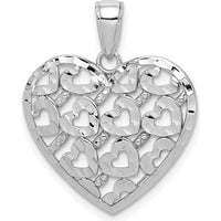 14K White Gold Diamond-Cut Heart Pattern on Heart Charm with Polished Finish and Rhodium Plating by Oro Pregiato