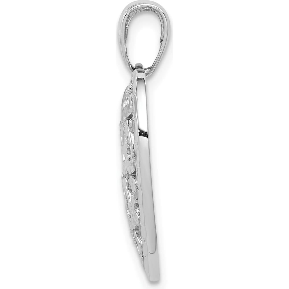 14K White Gold Diamond-Cut Heart Pattern on Heart Charm with Polished Finish and Rhodium Plating by Oro Pregiato