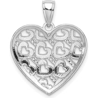 14K White Gold Diamond-Cut Heart Pattern on Heart Charm with Polished Finish and Rhodium Plating by Oro Pregiato