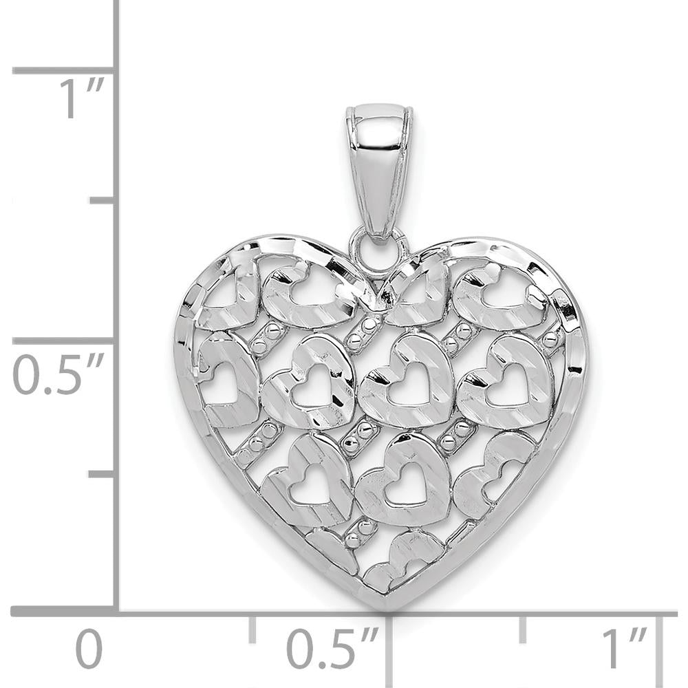 14K White Gold Diamond-Cut Heart Pattern on Heart Charm with Polished Finish and Rhodium Plating by Oro Pregiato
