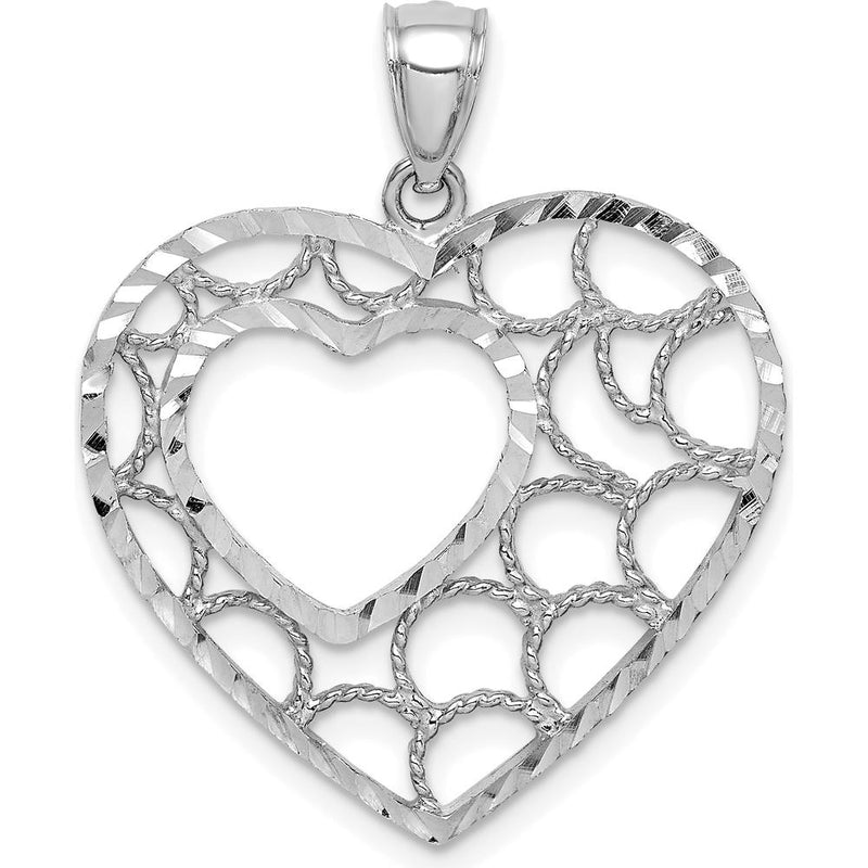 14K White Gold Diamond-Cut Heart Pendant - Elegant and Sparkling Charm by Oro Pregiato