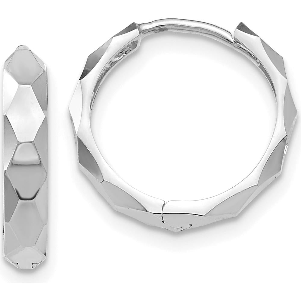14K White Gold Diamond-Cut Hinged Hoop Earrings - 14mm Width, Rhodium Polished Finish by 0