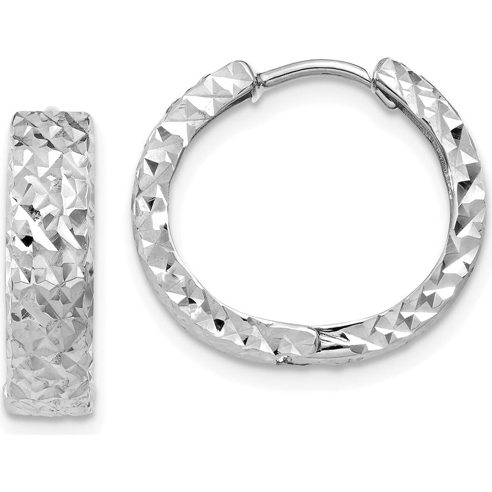 14K White Gold Diamond-Cut Hinged Hoop Earrings with Rhodium Plating - 12mm Length by Oro Pregiato