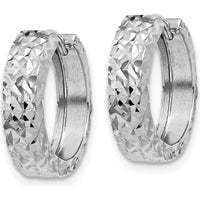 14K White Gold Diamond-Cut Hinged Hoop Earrings with Rhodium Plating - 12mm Length by Oro Pregiato