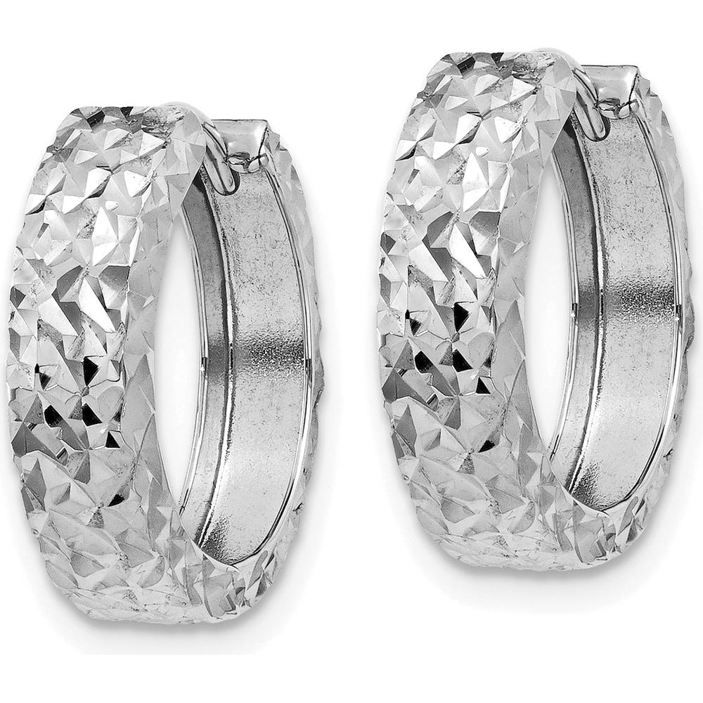 14K White Gold Diamond-Cut Hinged Hoop Earrings with Rhodium Plating - 12mm Length by Oro Pregiato
