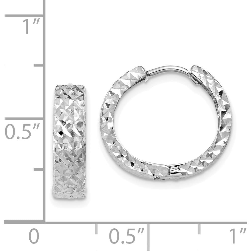 14K White Gold Diamond-Cut Hinged Hoop Earrings with Rhodium Plating - 12mm Length by Oro Pregiato