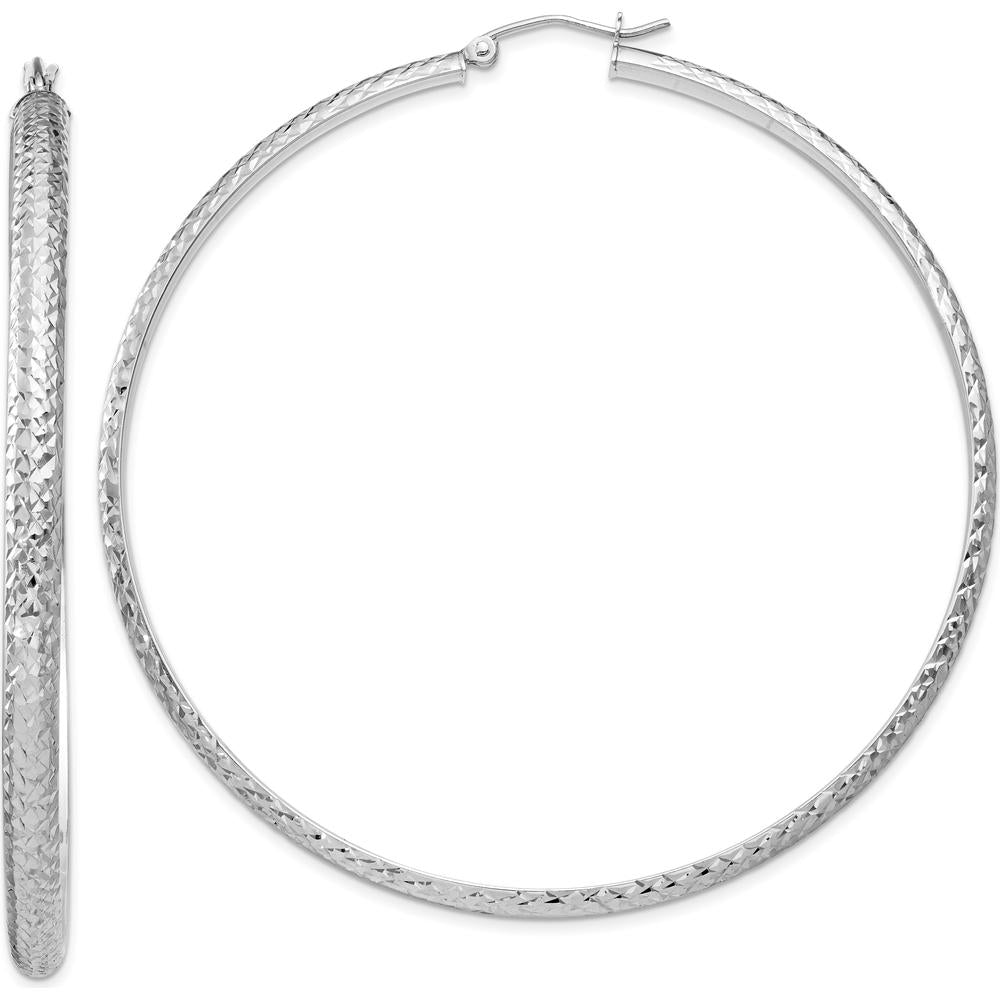14K White Gold Diamond-Cut Hollow Hoop Earrings - 65mm Length, 3.5mm Thickness by 0