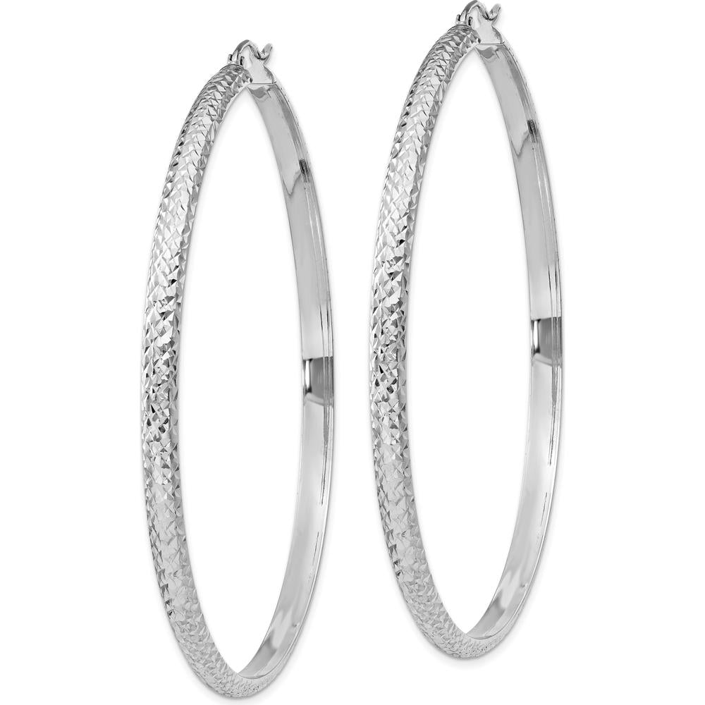 14K White Gold Diamond-Cut Hollow Hoop Earrings - 65mm Length, 3.5mm Thickness by 0