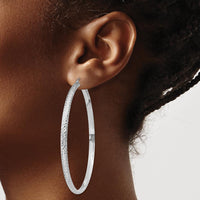 14K White Gold Diamond-Cut Hollow Hoop Earrings - 65mm Length, 3.5mm Thickness by 0