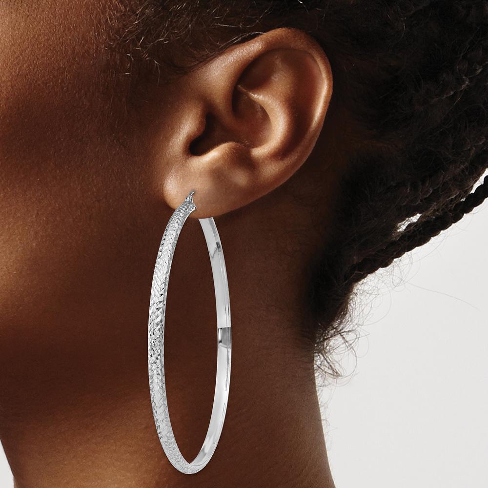 14K White Gold Diamond-Cut Hollow Hoop Earrings - 65mm Length, 3.5mm Thickness by 0