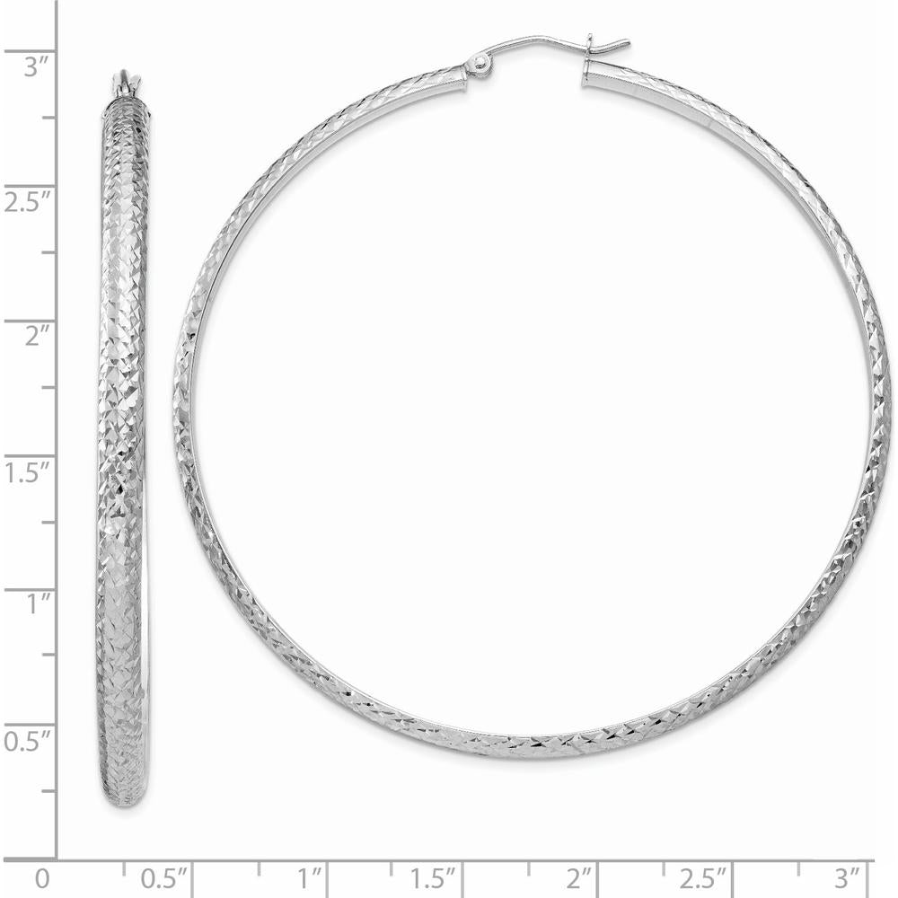 14K White Gold Diamond-Cut Hollow Hoop Earrings - 65mm Length, 3.5mm Thickness by 0