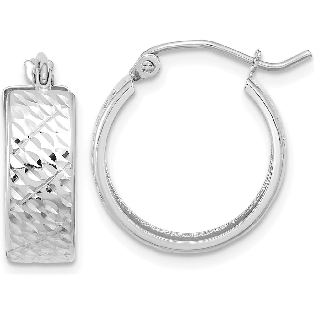 14K White Gold Diamond-Cut Hoop Earrings - 18.19mm Length, Polished Finish by 0