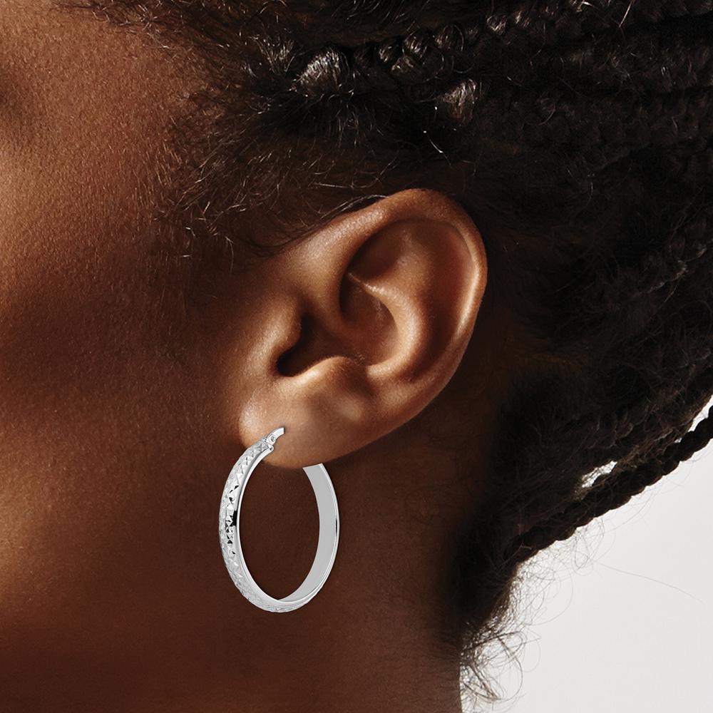 14K White Gold Diamond-Cut Hoop Earrings - 28.46mm Length by 0