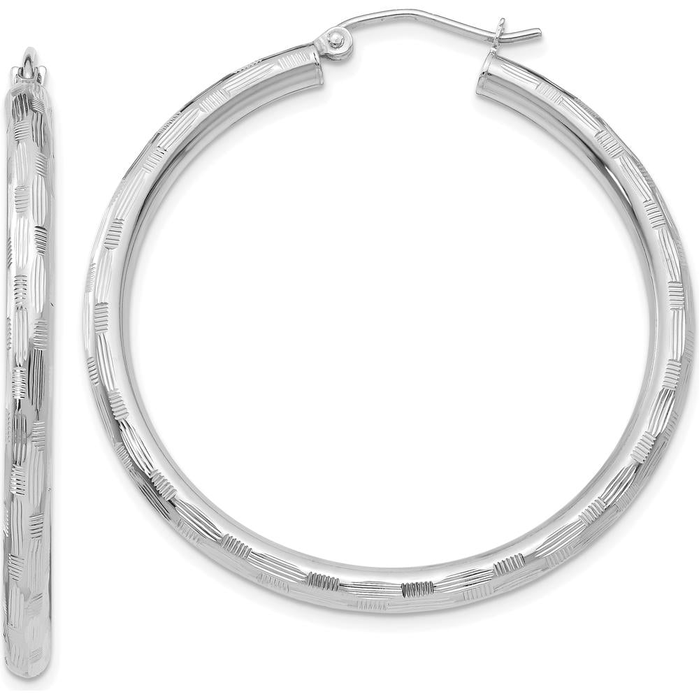 14K White Gold Diamond-Cut Hoop Earrings - 40mm Length, Polished Finish by 0