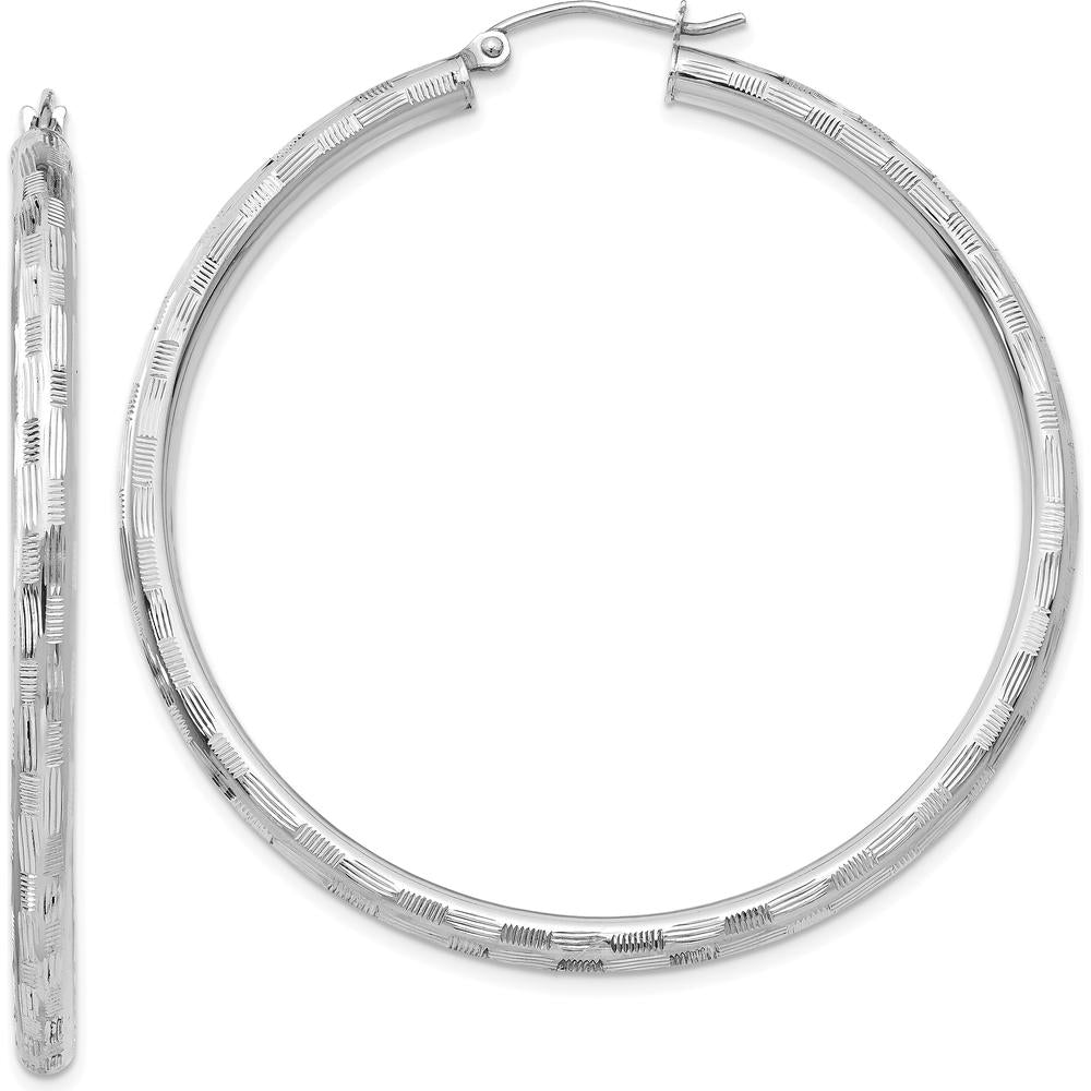 14K White Gold Diamond-Cut Hoop Earrings with Rhodium-Plated Finish - 50mm by 0