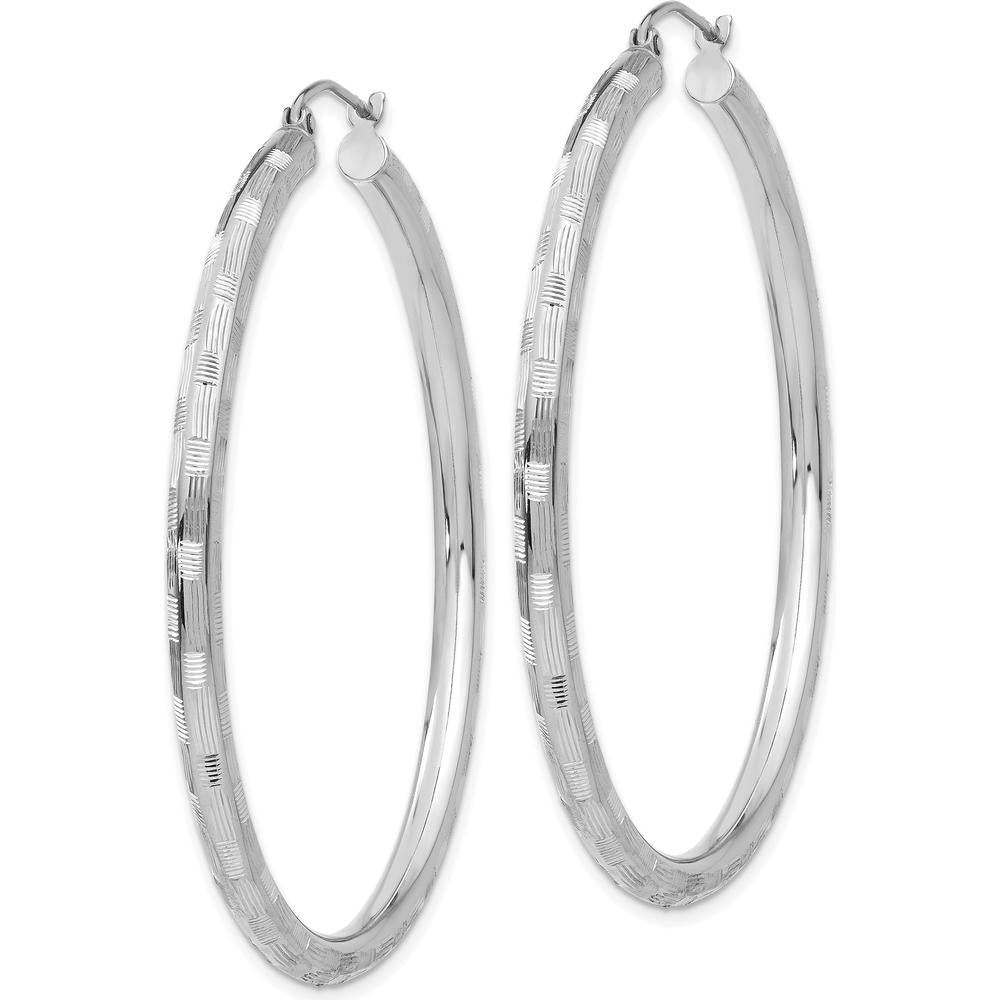 14K White Gold Diamond-Cut Hoop Earrings with Rhodium-Plated Finish - 50mm by 0