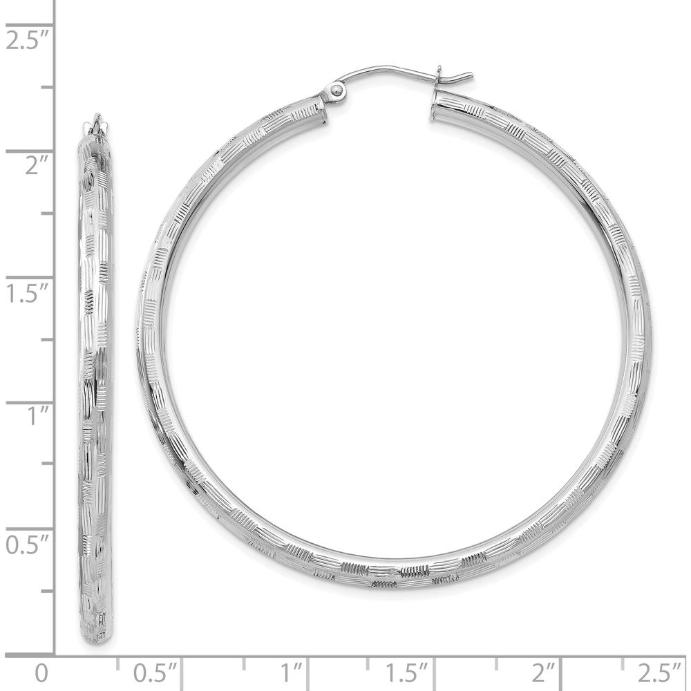 14K White Gold Diamond-Cut Hoop Earrings with Rhodium-Plated Finish - 50mm by 0