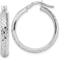 14K White Gold Diamond-Cut Hoop Earrings with Rhodium Plating - 24.29mm Length by 0
