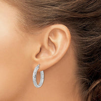 14K White Gold Diamond-Cut Hoop Earrings with Rhodium Plating - 24.29mm Length by 0