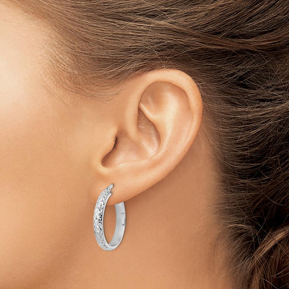 14K White Gold Diamond-Cut Hoop Earrings with Rhodium Plating - 24.29mm Length by 0