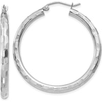 14K White Gold Diamond-Cut Hoop Earrings with Rhodium Plating - 35mm Diameter by 0