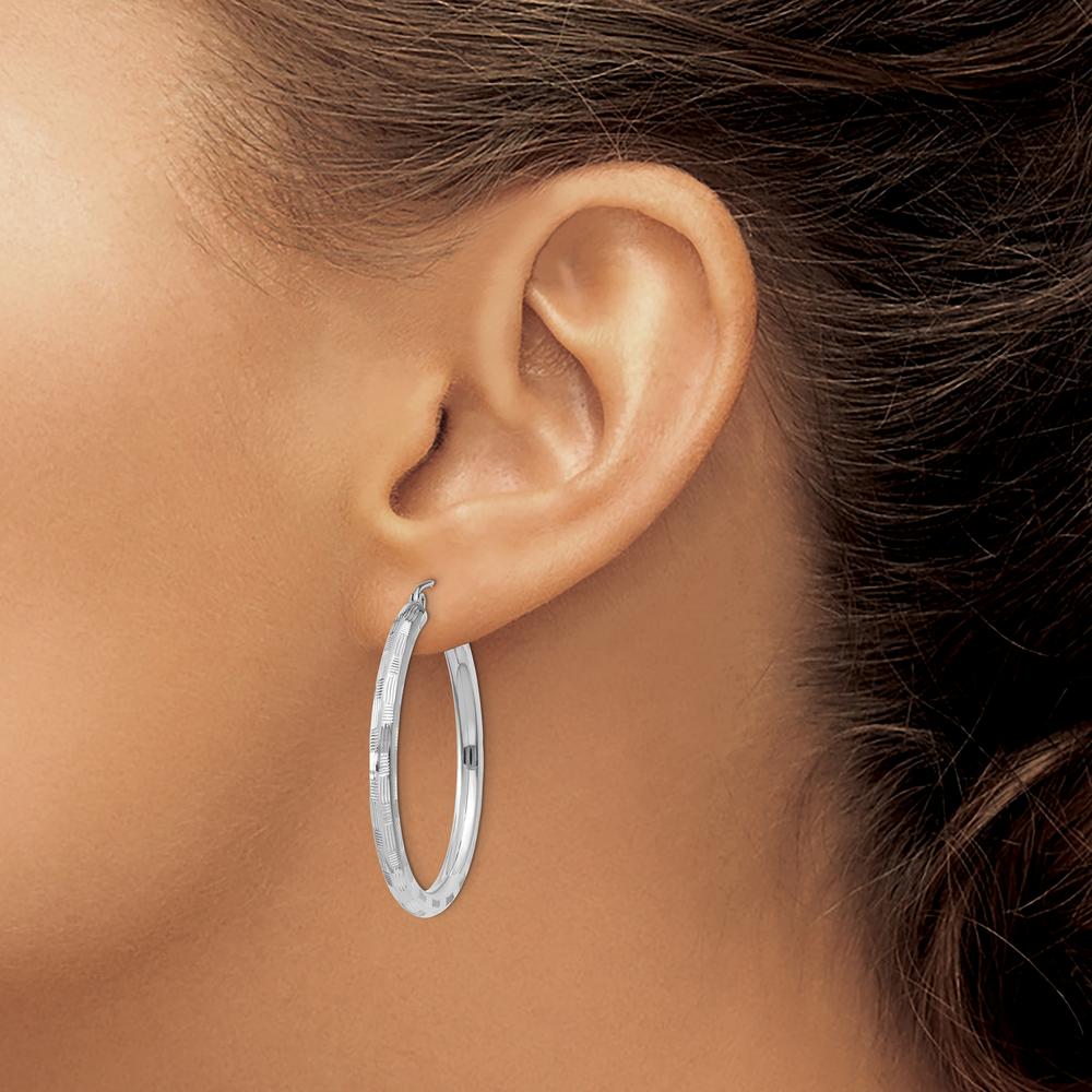 14K White Gold Diamond-Cut Hoop Earrings with Rhodium Plating - 35mm Diameter by 0