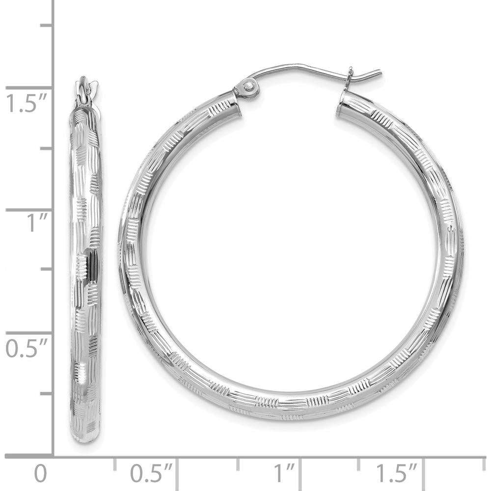 14K White Gold Diamond-Cut Hoop Earrings with Rhodium Plating - 35mm Diameter by 0