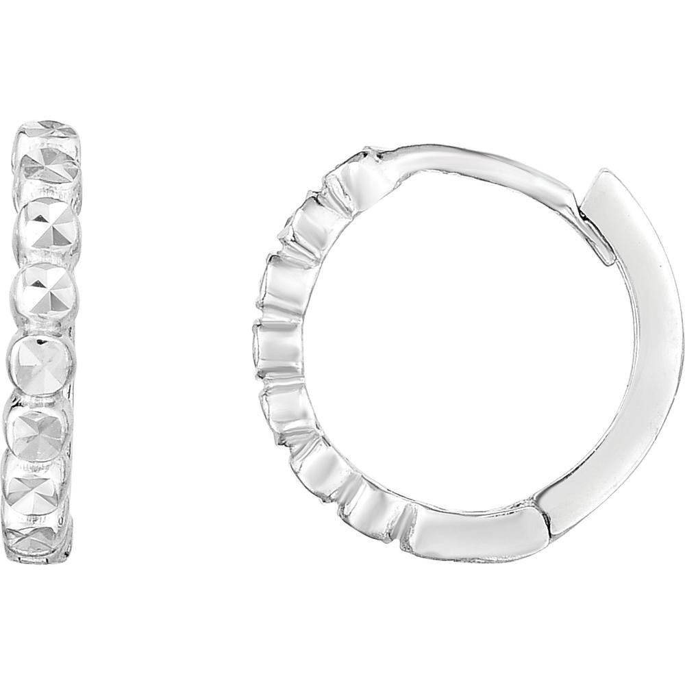 14K White Gold Diamond-Cut Huggie Earrings with Hinged Closure by Orozza Fine Jewelry