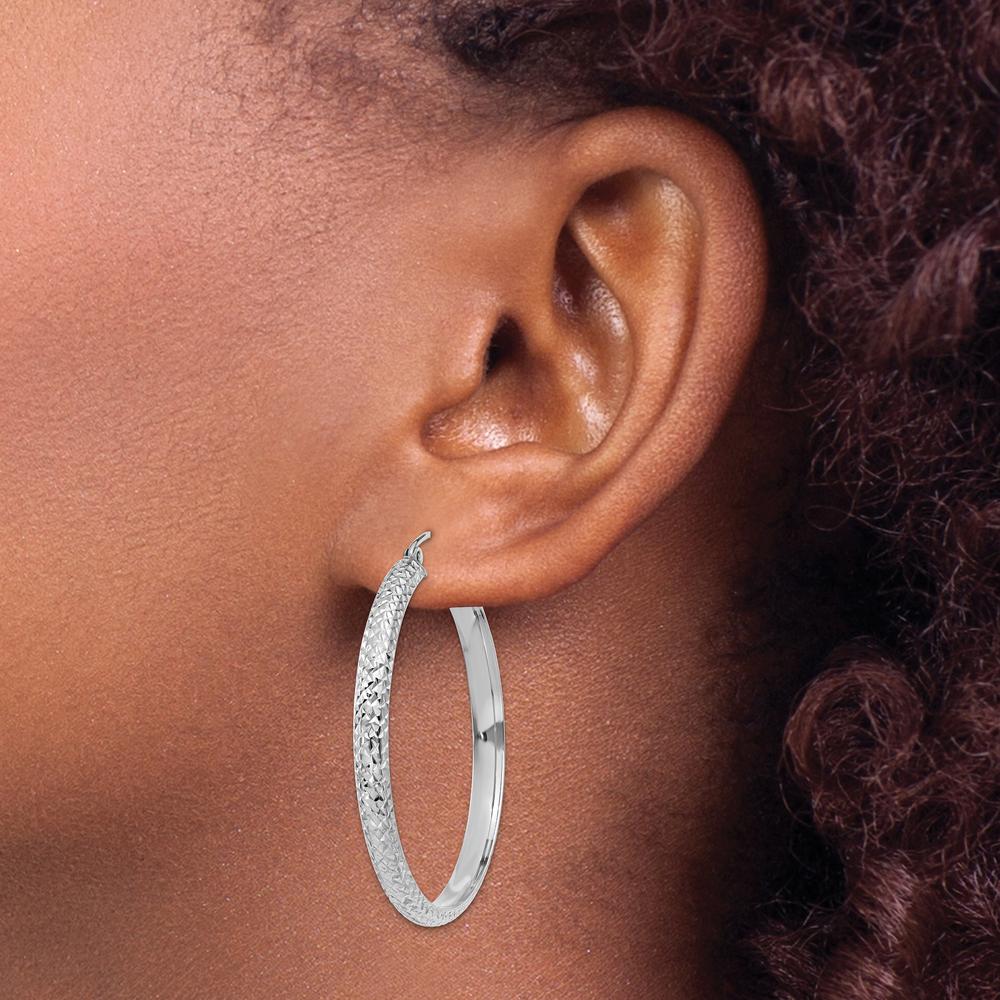 14K White Gold Diamond-Cut Large Hollow Hoop Earrings - 38mm Length by 0