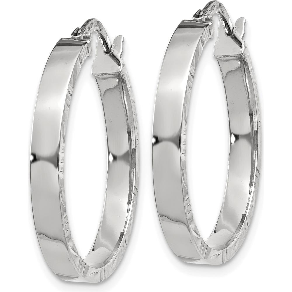 14K White Gold Diamond Cut Medium Hoop Earrings - 3mm Thickness by 0