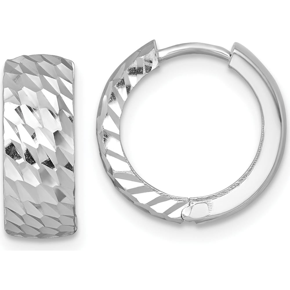 14K White Gold Diamond-Cut Polished Hinged Hoop Earrings - 14.5mm Length by 0