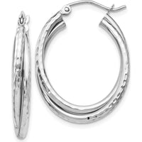 14K White Gold Diamond-Cut Polished Oval Hoop Earrings - 17mm Length, 5mm Width by 0